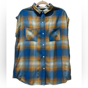 Kavu Women’s Blue and Orange Plaid Sleeveless Shirt Size L Gorpcore Hiking Camp